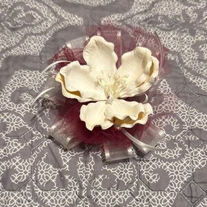 Ivory Flower Corsage with Burgundy Tulle